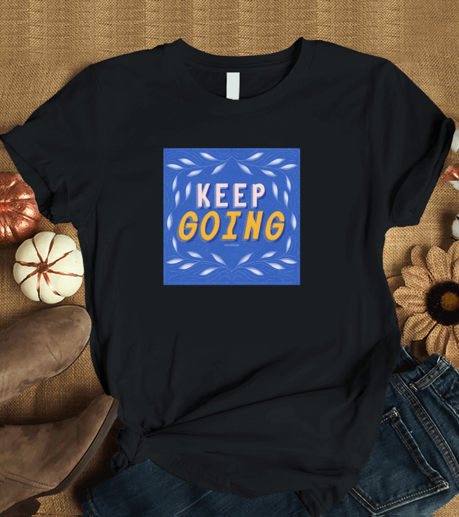 KEEP GOING Inspirational Blue and Yellow Bold Lettering T-Shirt