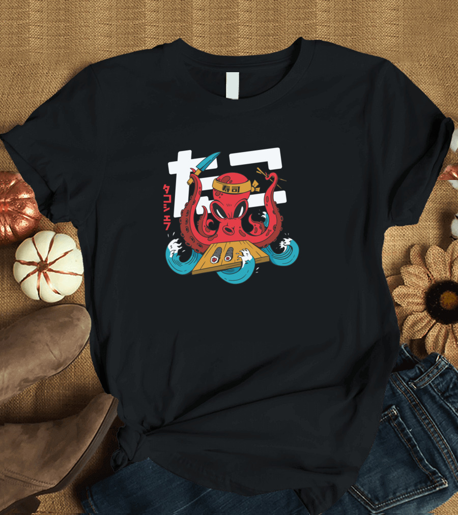 Tako Sushi Chef Octopus with Knife Chopsticks and Sushi Rolls T-Shirt