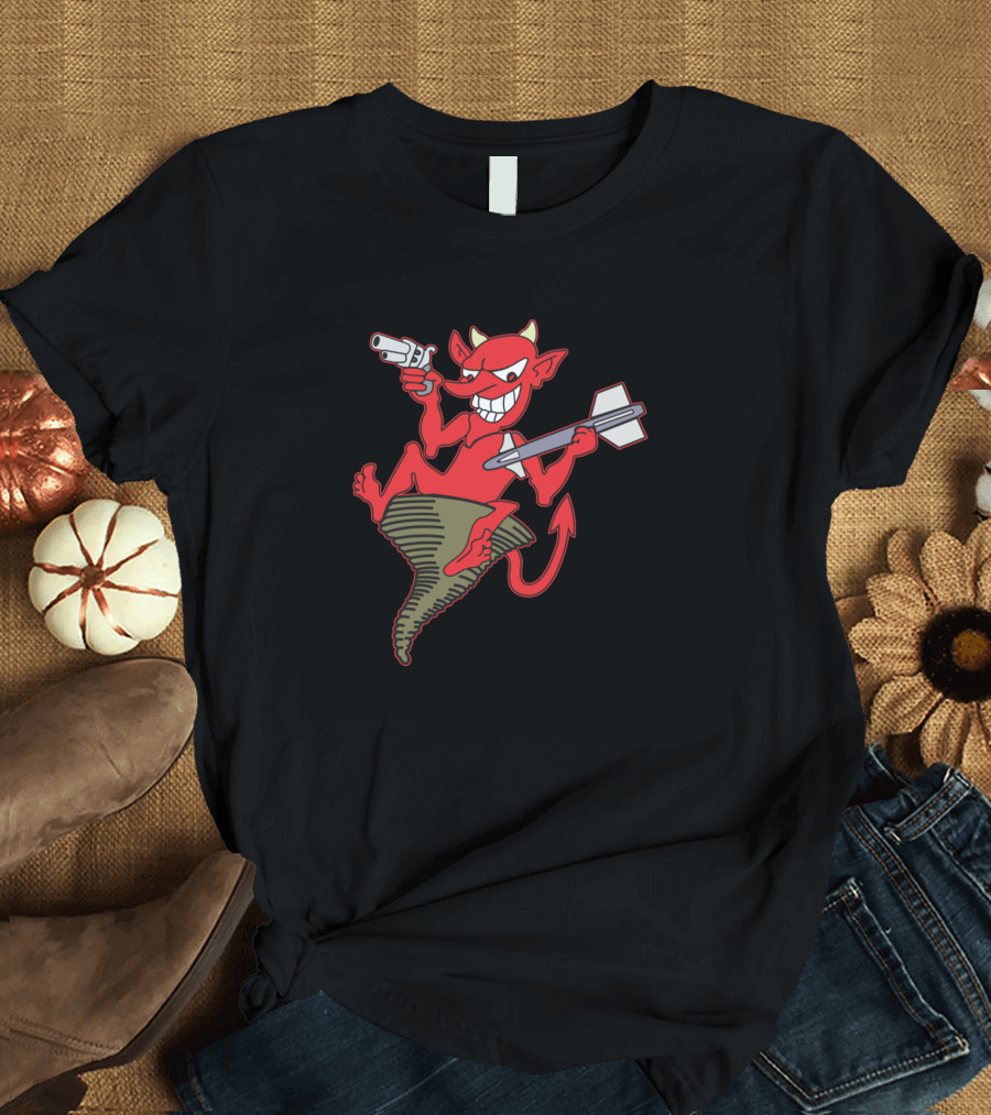 Vx 31 The Dust Devils Red Devil Holding Gun and Rocket on Twister T-Shirt
