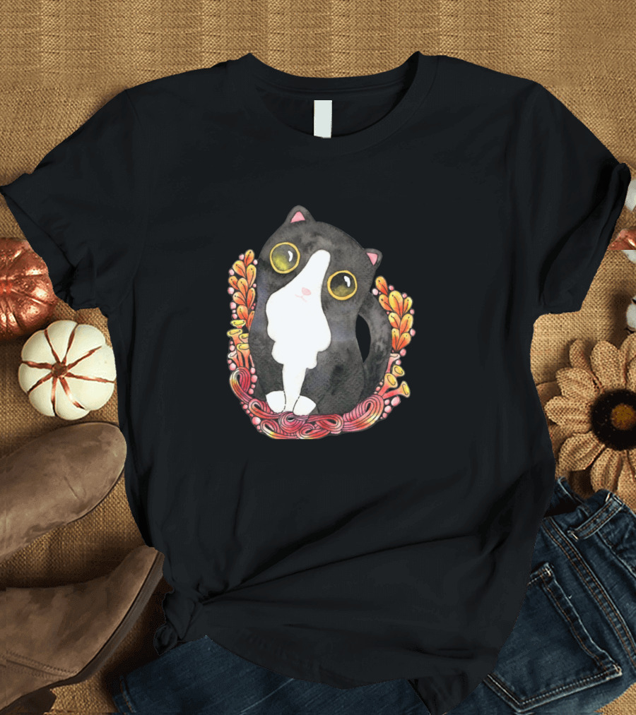 Black Cat Yellow Eyes Floral T-Shirt