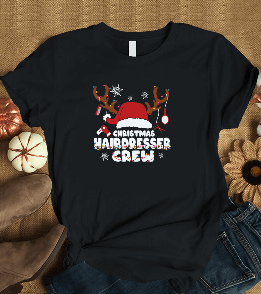 Christmas Hairdresser Crew Reindeer Antlers Santa Hat Scissors Snowflakes T-Shirt
