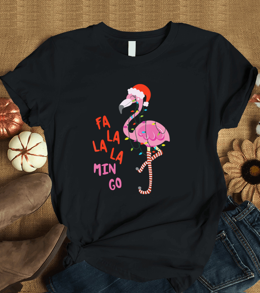 Fa La La La Mingo Flamingo Christmas Lights Santa Hat T-Shirt