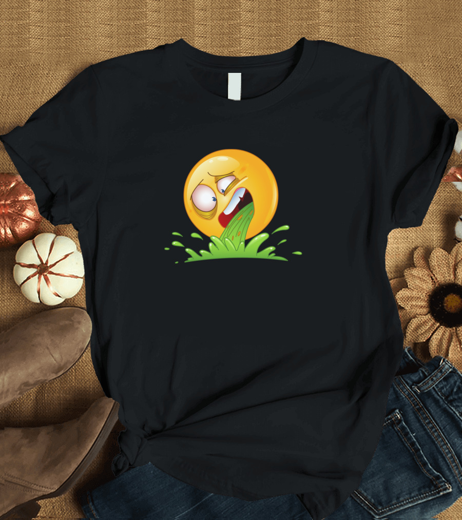Puking Emoji Face with Green Vomit and Large Eyes T-Shirt
