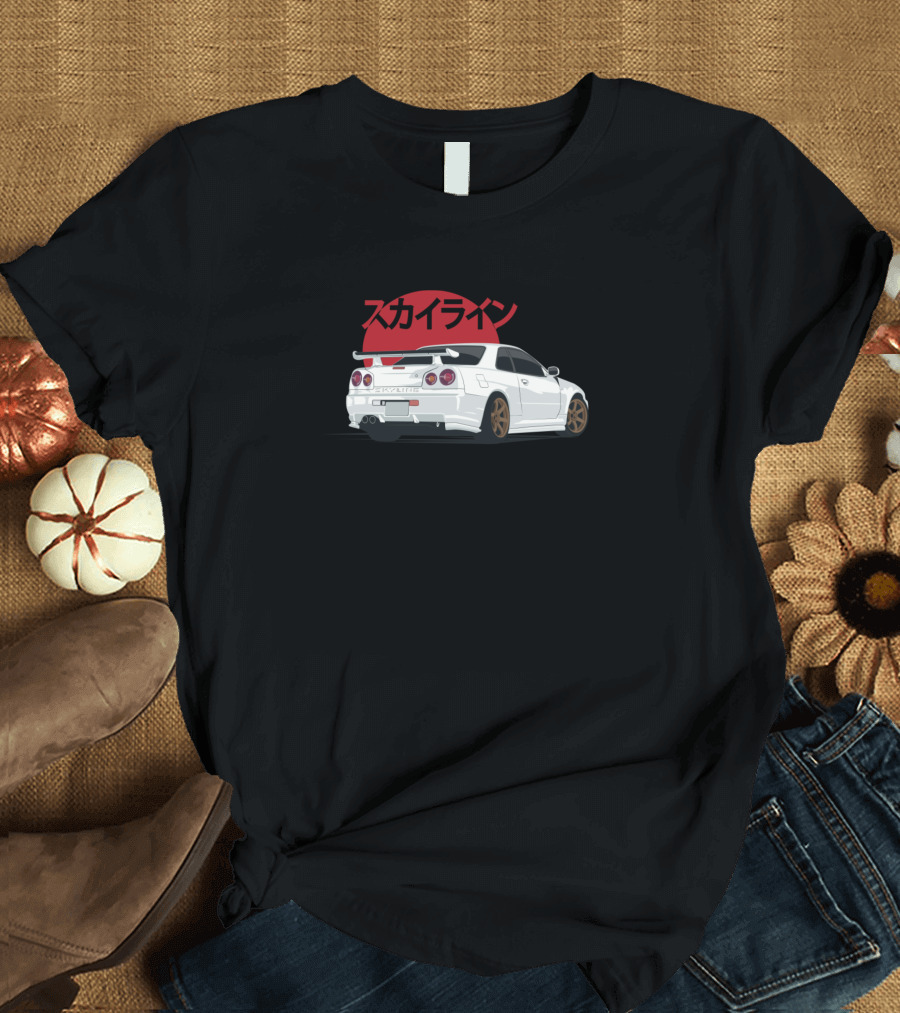 Skyline GT-R R34 White Car with Japanese Text and Red Sun T-Shirt