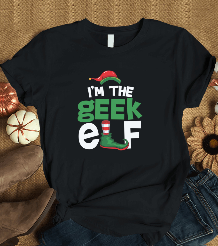 I'm the Geek Elf Red and Green Hat Striped Holiday Boot T-Shirt