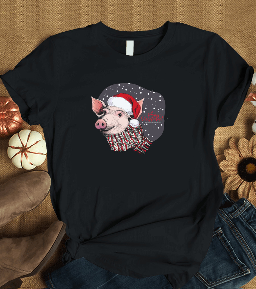 Pig Santa Hat Merry Christmas Happy New Year Snowflakes T-Shirt