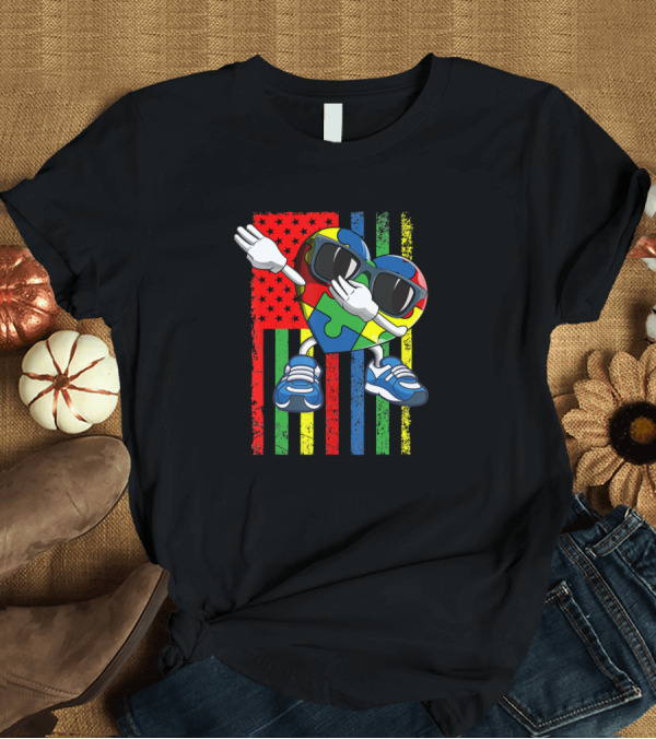 T-Shirt: Autism Awareness Month Dabbing Puzzle Heart with American Flag Background T-Shirt Autism Awareness Month Dabbing Puzzle Heart with American Flag Background T-Shirt