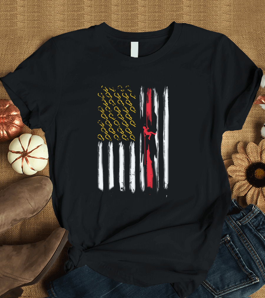 Man On A Rope Climbing Down A Grotto Inside American Flag With Carabiner Stars T-Shirt