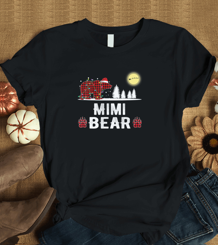Mimi Bear Christmas Red Plaid Buffalo Lights Santa Moon Trees T-Shirt