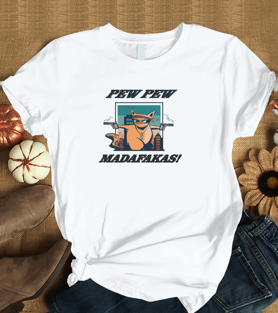 Pew Pew Madafakas Cool Cat with Guns and City Background T-Shirt