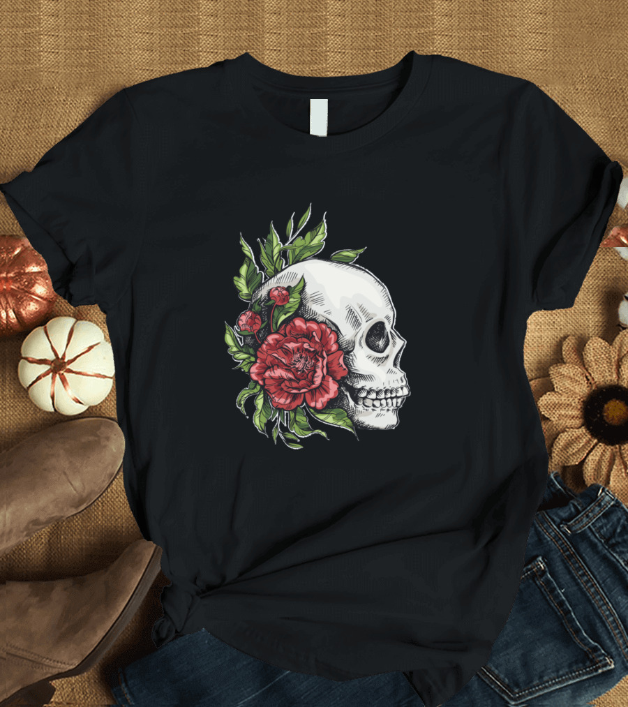 Floral Skull with Roses Tattoo T-Shirt