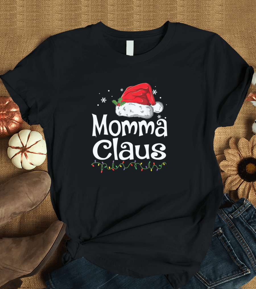 Momma Claus Christmas Santa Hat with Festive Lights and Snowflakes T-Shirt