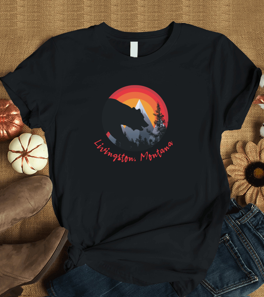 Livingston Montana Bear Silhouette Mountain Sunset Scene T-Shirt