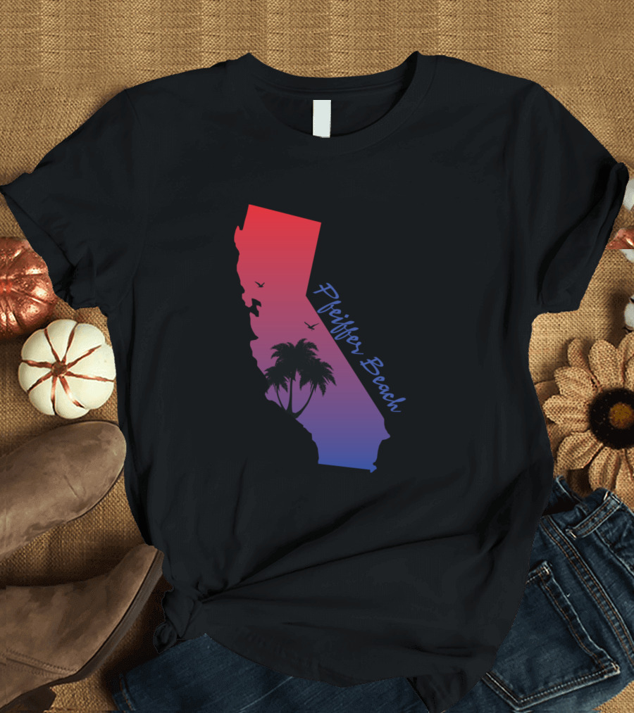 Pfeiffer Beach California Palm Silhouette Sunset Map T-Shirt