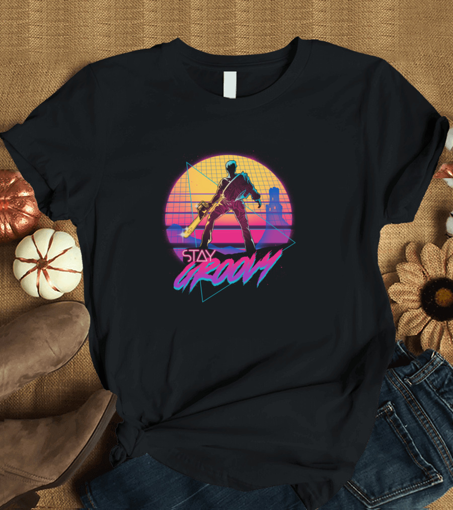Stay Groovy Retro 80s Neon Sunset Chainsaw Hero T-Shirt