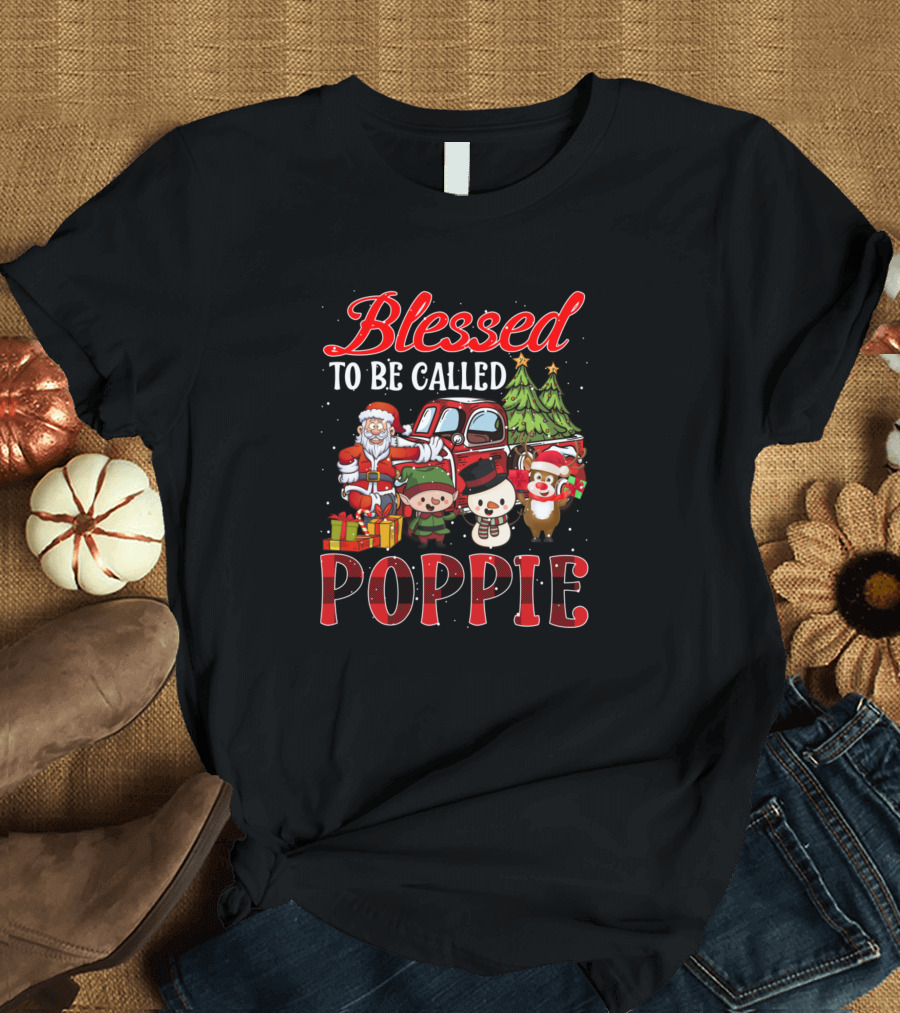 Blessed To Be Called Poppie Christmas Santa Snowman Reindeer Trees Vintage Truck T-Shirt