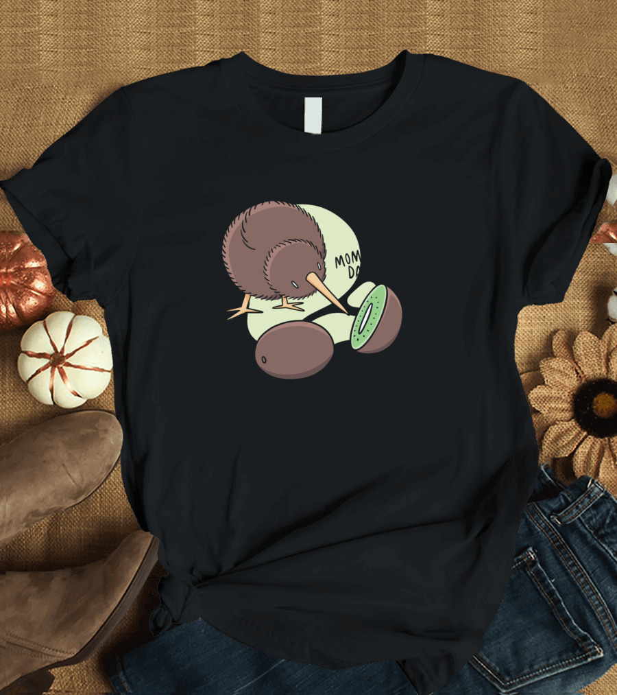 Kiwi Bird Looks at Two Kiwis Fruit Mom Dad Question T-Shirt