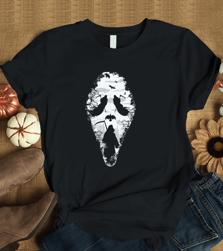 Grim Reaper Face Halloween Scary Death with Crows T-Shirt
