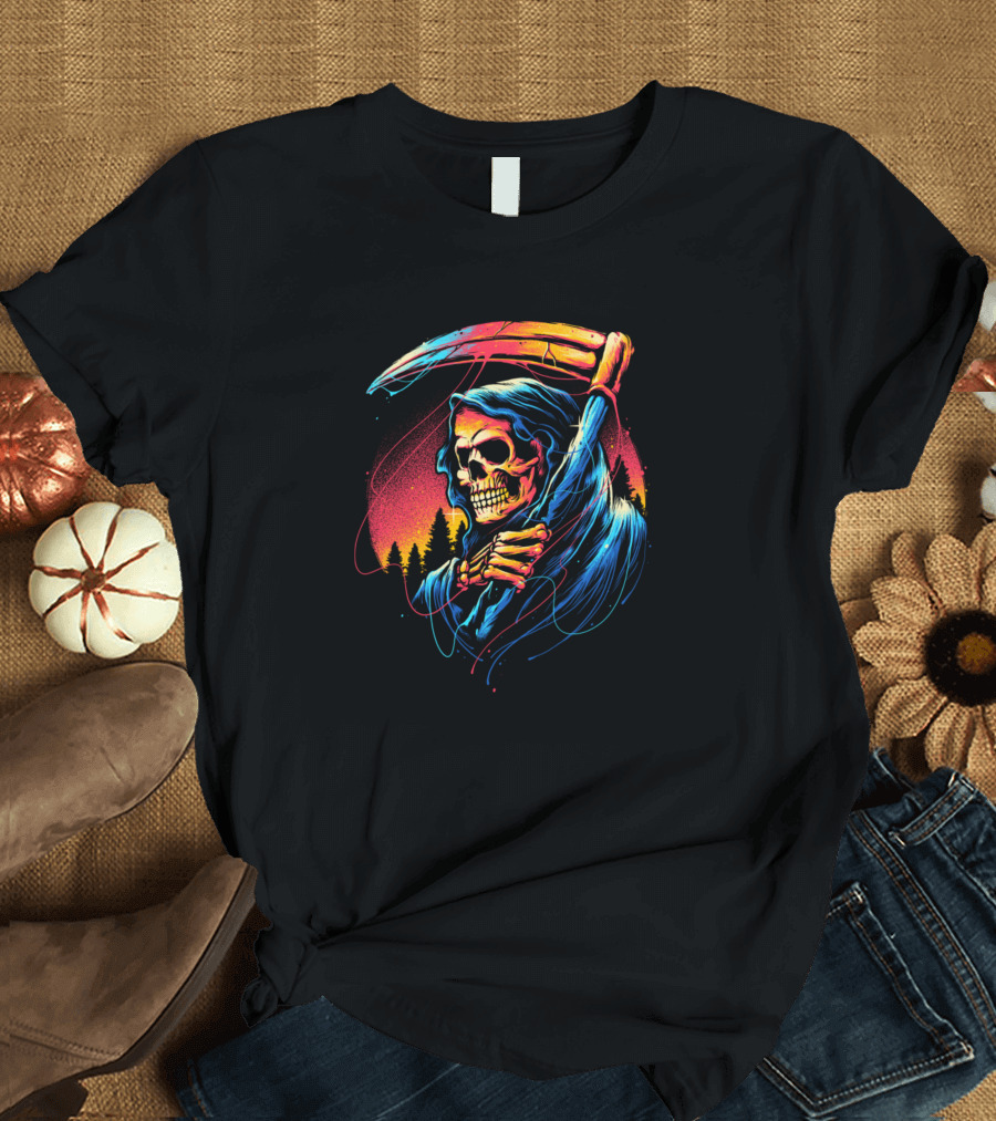 Rainbow Reaper Skeleton Scythe Colorful Forest T-Shirt
