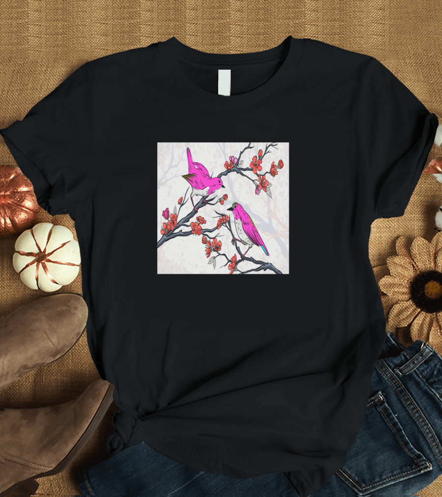 Asian Flowers Print Botanical Birds Pink Floral Branches T-Shirt