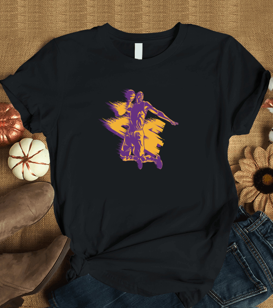 Basketball Player Dunking with Purple and Gold Brush Strokes T-Shirt