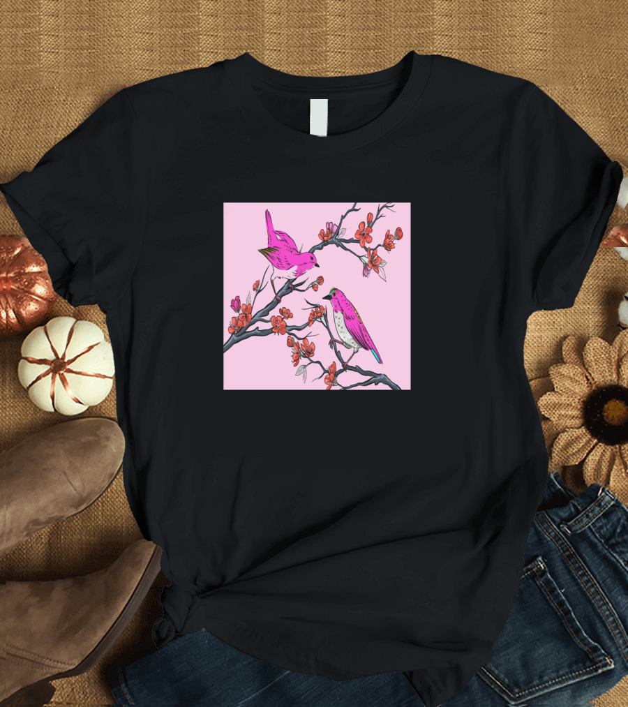 Pink Birds on Cherry Blossom Branches Chinese Flower Bed T-Shirt