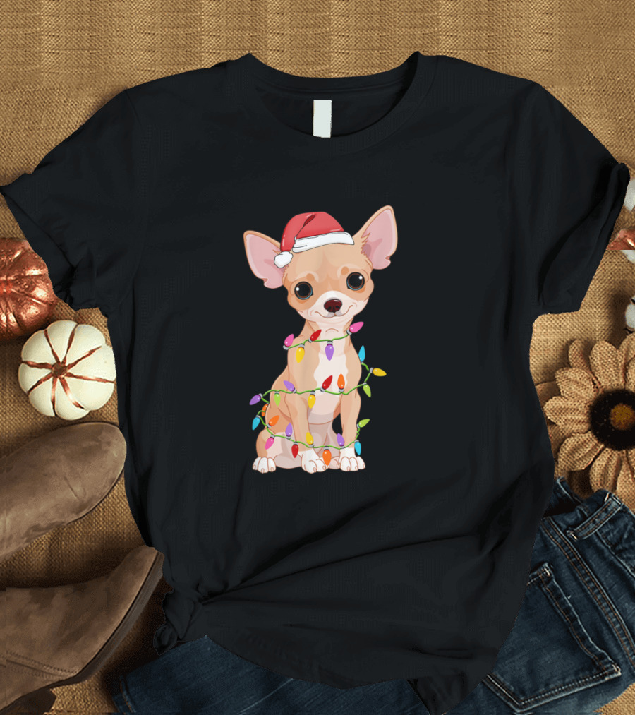 Chihuahua Christmas Lights Santa Hat T-Shirt