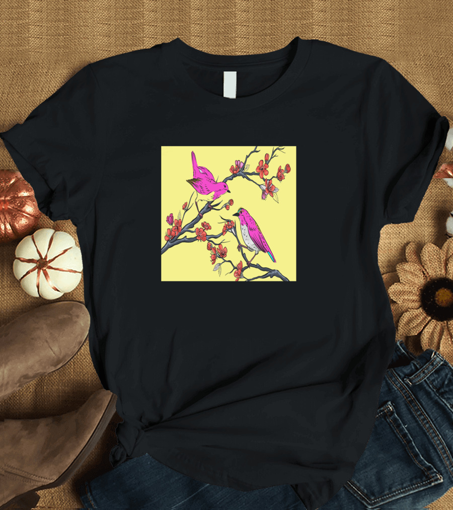 China Flowers Botanical Birds Pink Blossoms Yellow Background T-Shirt