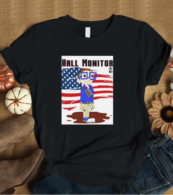 T-Shirt: Hall Monitor #1 Patriotic Cartoon with American Flag Background T-Shirt Hall Monitor #1 Patriotic Cartoon with American Flag Background T-Shirt