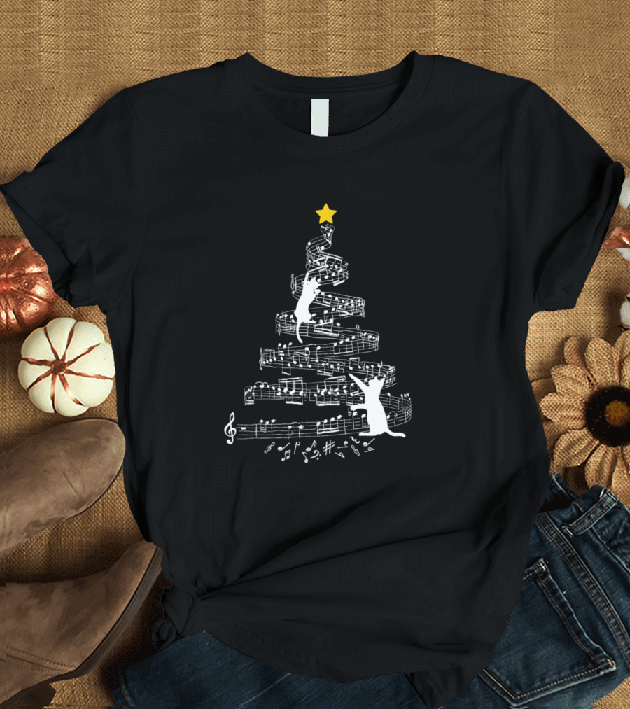 Music Note Christmas Tree with Cats and Star T-Shirt