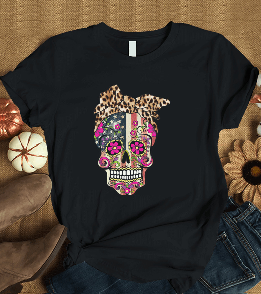 Leopard Bow Sugar Skull with American Flag and Floral Accents T-Shirt