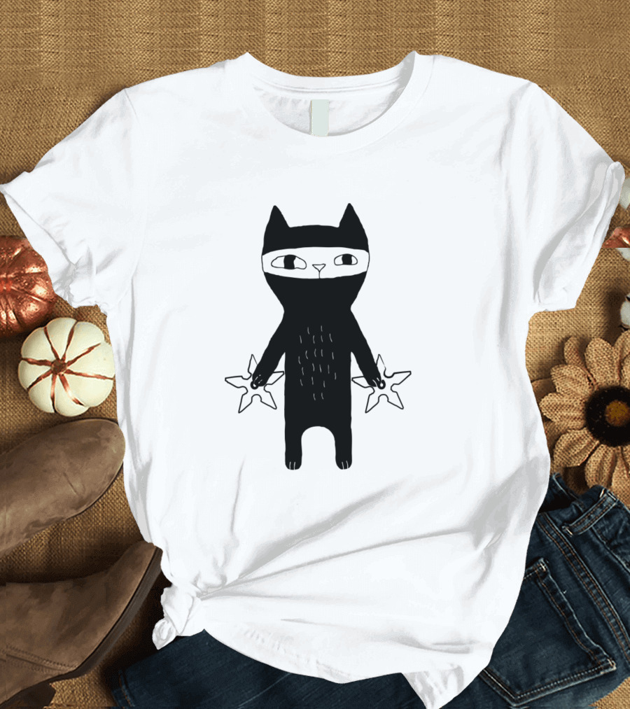 Cat Ninja Shuriken Warrior with Dual Stars T-Shirt