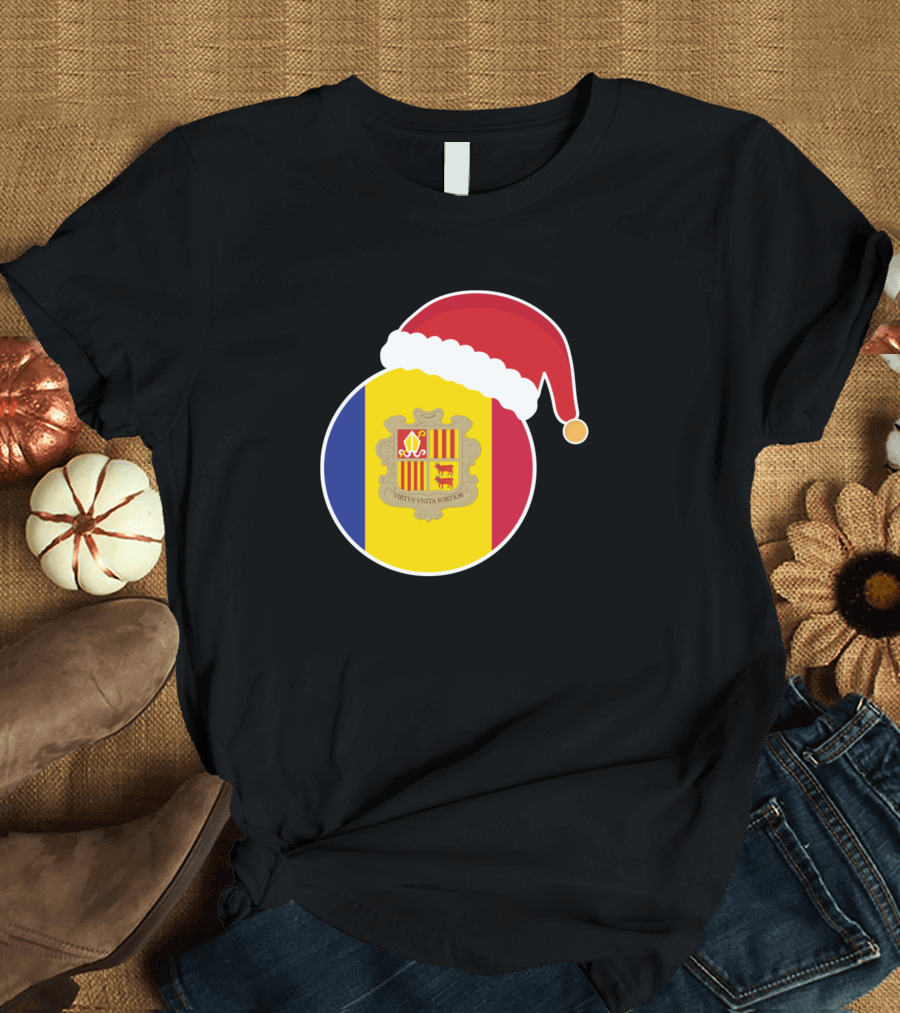 Santa Hat Andorra Flag Christmas Emblem T-Shirt