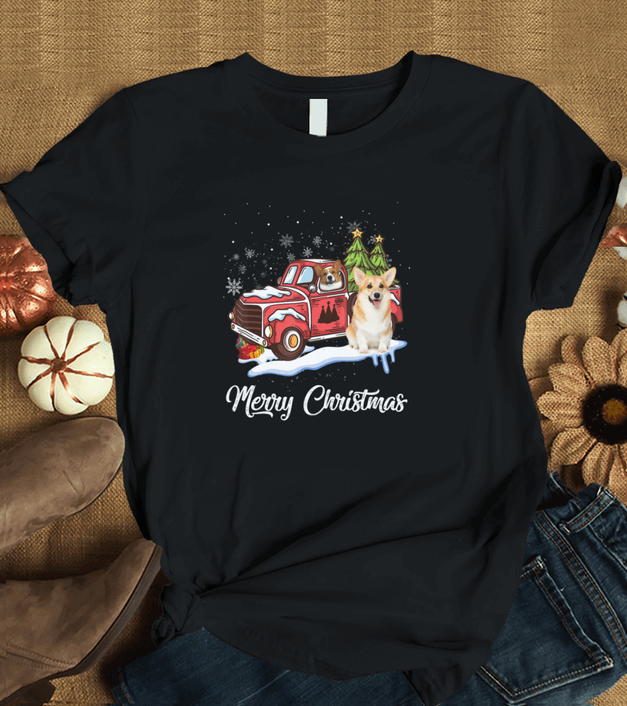 Merry Christmas Corgi Dog Pickup Truck with Snow and Trees T-Shirt