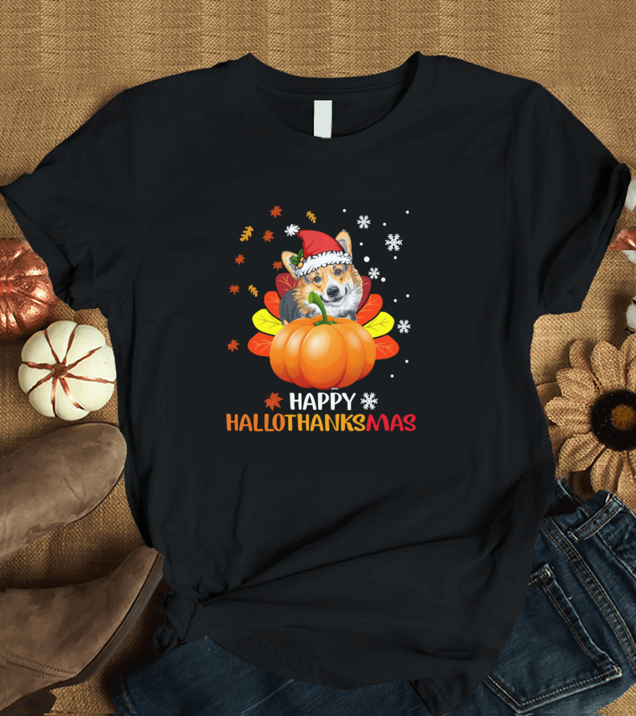 Corgi Happy Hallothanksmas Halloween Merry Christmas T-Shirt