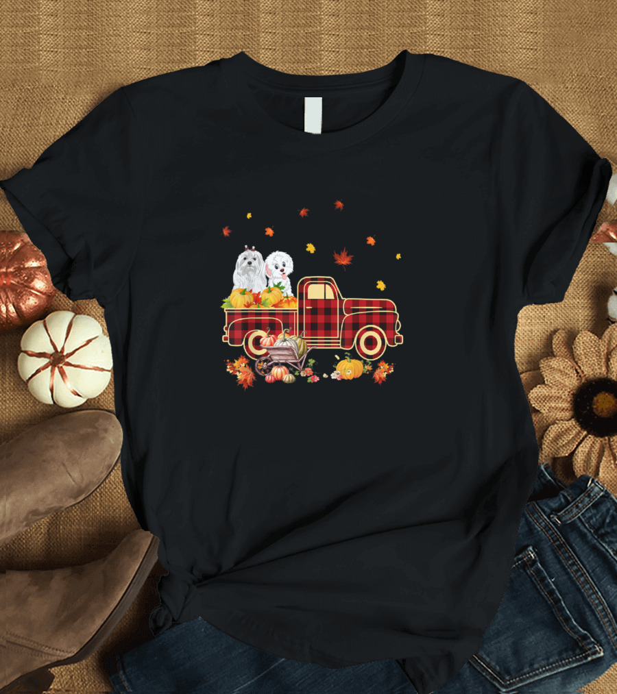 Havanese Lover Fall Harvest Plaid Truck with Dogs and Pumpkins T-Shirt