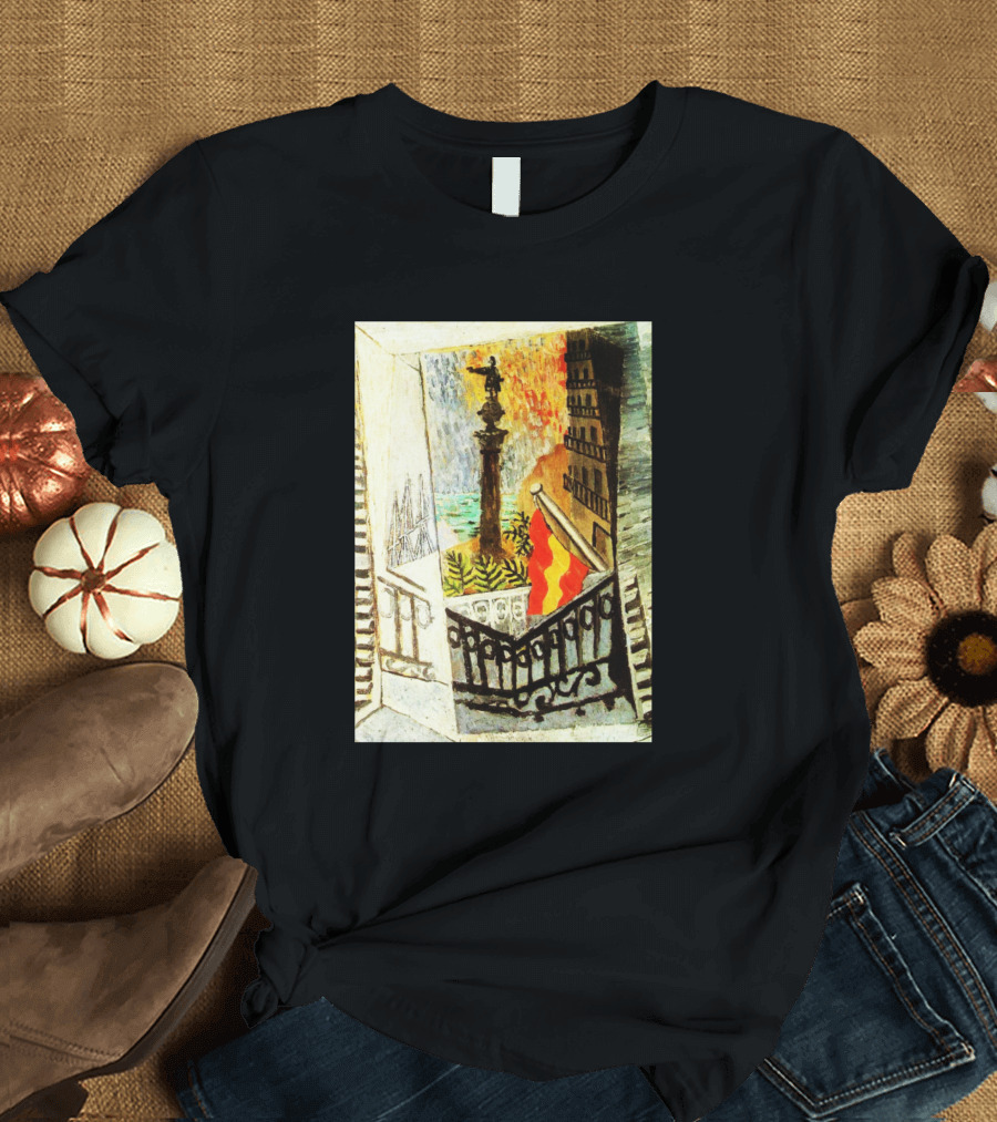 El Paseo De Colon Pablo Picasso High Resolution Balcony View with Monument and Red Yellow Flag T-Shirt