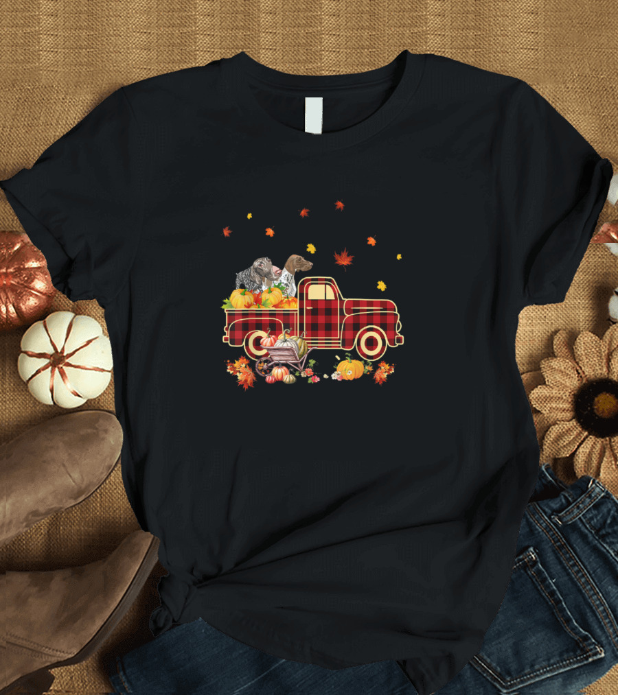 Pointer Dogs in Plaid Pumpkin Truck with Autumn Leaves T-Shirt