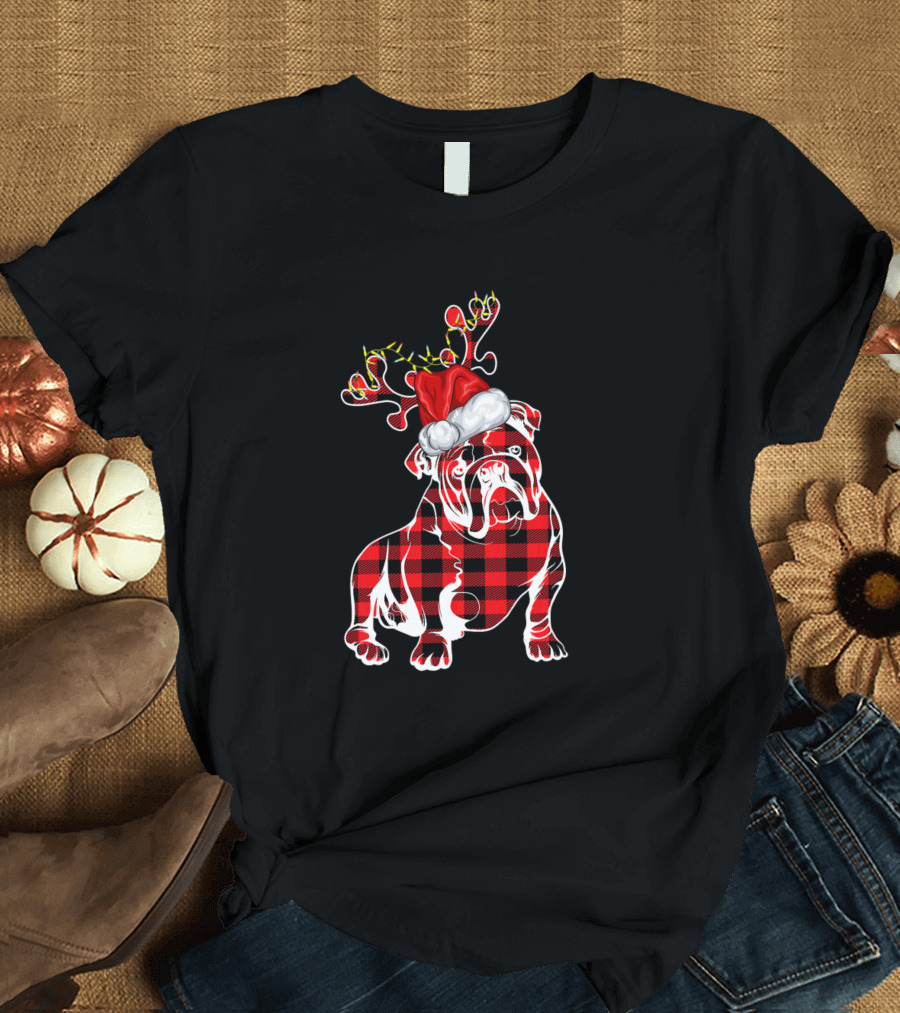 Bulldog Christmas Reindeer PJs Family Matching Plaid Santa Hat T-Shirt
