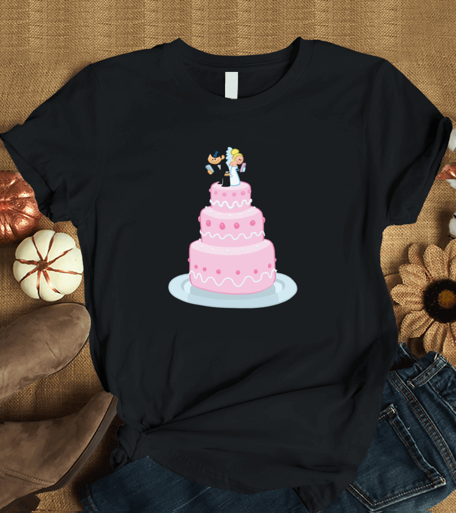 Bride and Groom on Pink Wedding Cake with Glue Reference T-Shirt