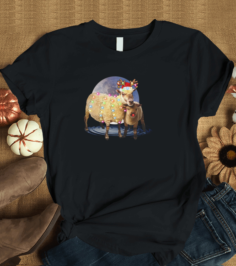 Sheep Mom And Baby Ewe Christmas Decorations Farm Moon T-Shirt