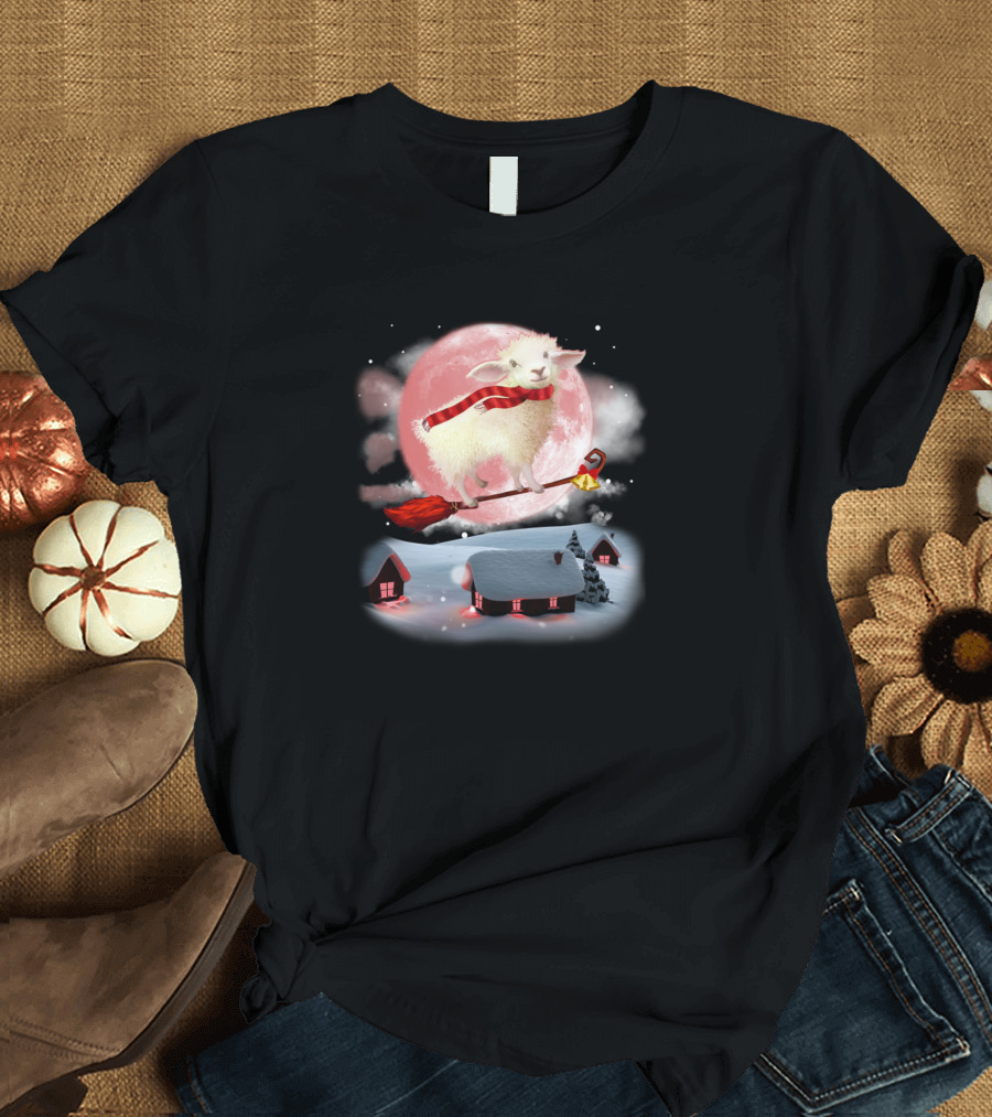 Sheep Fly Over Christmas Ewe Farm on Broomstick with Red Scarf and Moon Background T-Shirt