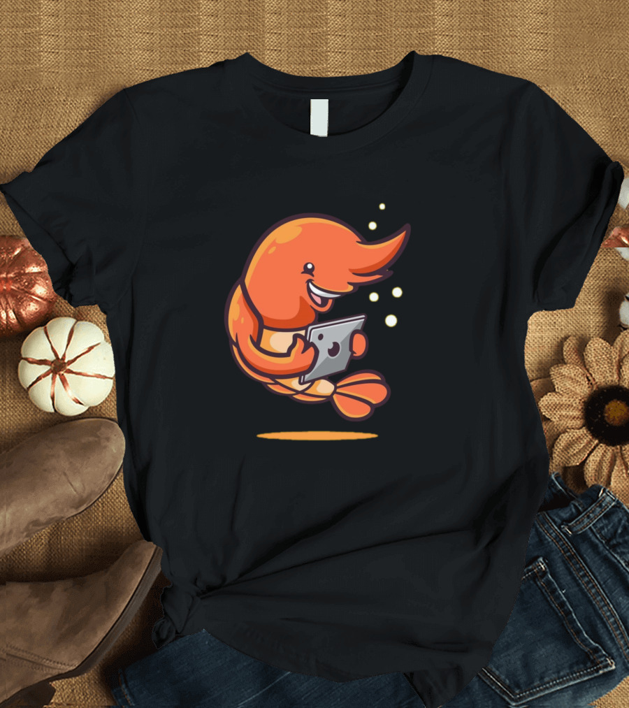 Cartoon Shrimp Holding Tablet Playfully Interacting T-Shirt