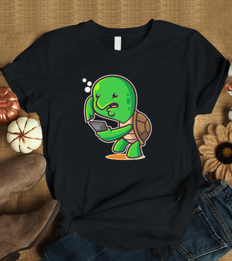 Turtle Phone Cartoon Character with Smartphone T-Shirt