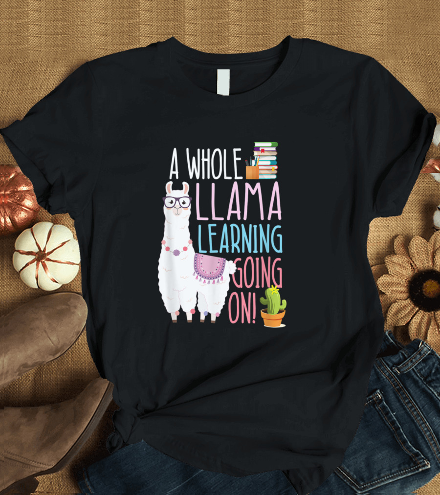 A Whole Llama Learning Going On with Books and Cactus T-Shirt