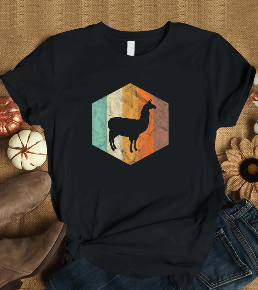 Alpaca Retro Vintage Llama Silhouette Hexagon Multicolor Stripe T-Shirt