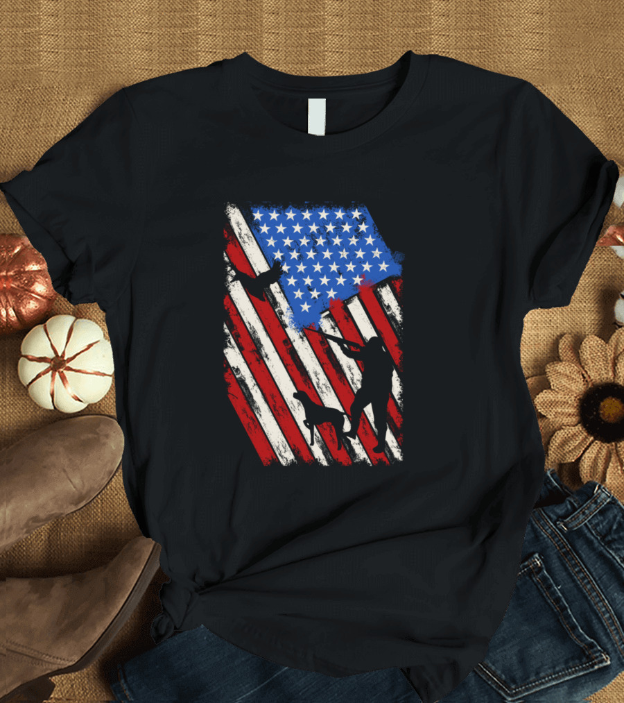 American Flag Goose Hunter and Dog T-Shirt