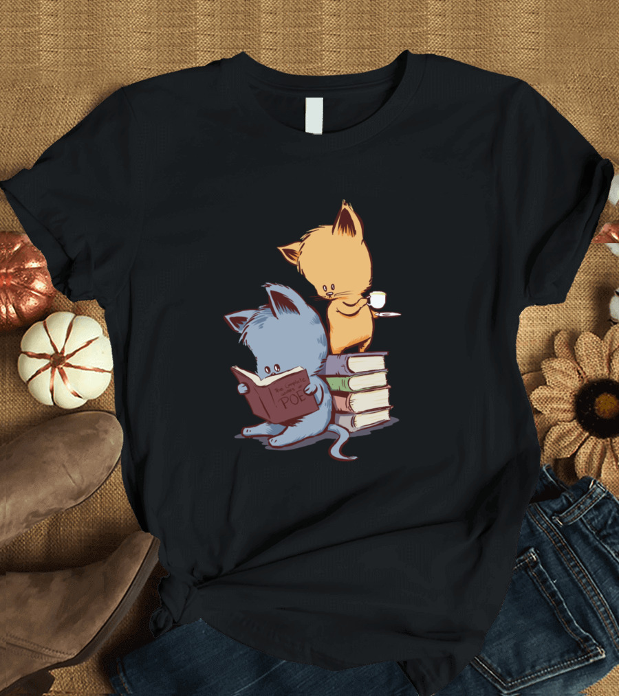 Cats Kittens Tea Books Funny Cat Kitty Poe T-Shirt