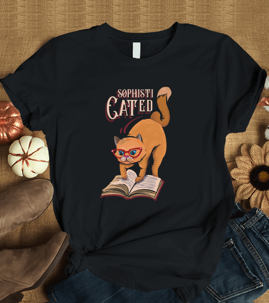 SophistiCATed Funny Nerd Cat Reading Book with Red Glasses T-Shirt