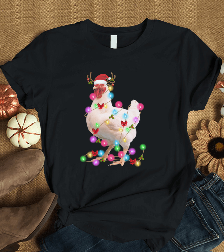 Santa Hat Chicken with Christmas Lights and Antlers T-Shirt